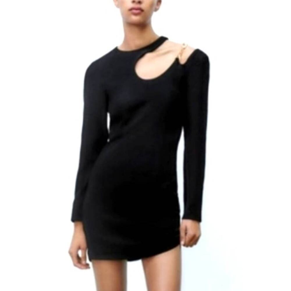 ZARA NWT Black Cut Out Mini Dress Gold Chain Detail - Size S Long Sleeve